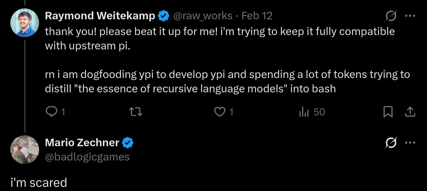 Mario Zechner (@badlogicgames): “i’m scared” — in reply to ypi